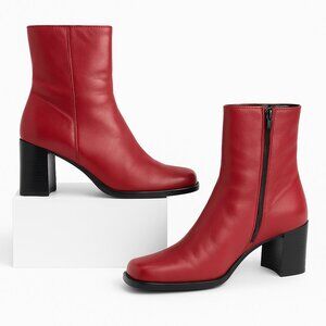 Markon Beta Red Leather Square Toe Ankle Boots Side Zip Block Heel Women’s 10